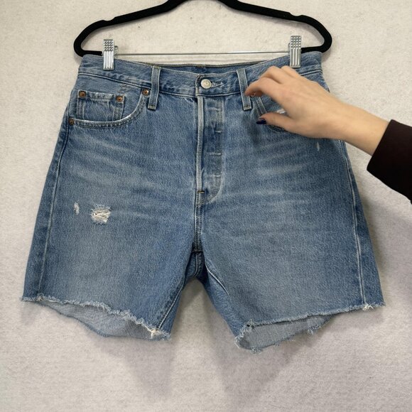 Levis 501 Shorts Womens 29 Blue Denim High Rise Button Fly Cutoff Distressed - Picture 2 of 11